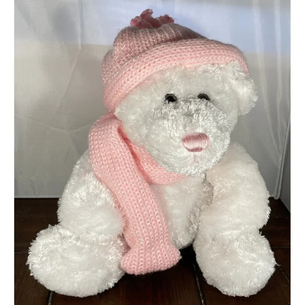 Dan Dee White Teddy Bear Pink Hat Scarf‎ Nose Plush Stuffed Animal Toy 9 Inch